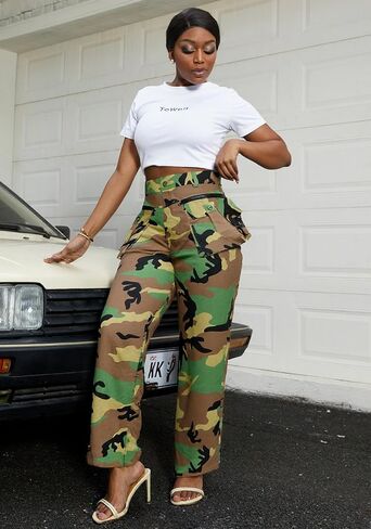 Camo Pants Women High Waist Camouflage Cargo Pants Wide Leg Jogger Sweatpants Trousers with Pockets in Kuwait