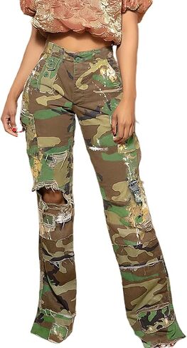 Camo Pants Women High Waist Camouflage Cargo Pants Wide Leg Jogger Sweatpants Trousers with Pockets in Kuwait