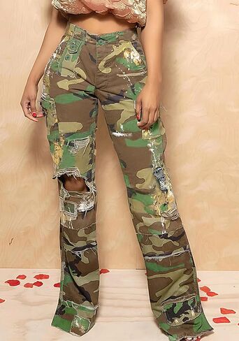 Camo Pants Women High Waist Camouflage Cargo Pants Wide Leg Jogger Sweatpants Trousers with Pockets in Kuwait