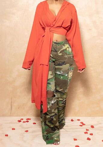 Camo Pants Women High Waist Camouflage Cargo Pants Wide Leg Jogger Sweatpants Trousers with Pockets in Kuwait