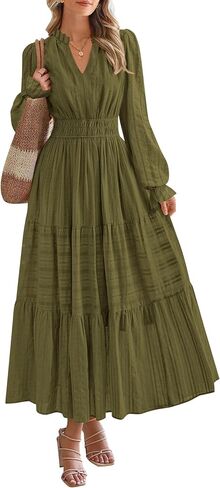 PRETTYGARDEN Women's 2025 Fall Wedding Guest Dresses Long Sleeve V Neck Flowy Elegant Holiday Party Maxi Dress with Pockets in Saudi Arabia