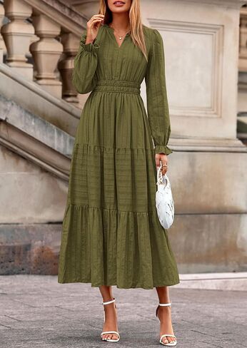 PRETTYGARDEN Women's 2025 Fall Wedding Guest Dresses Long Sleeve V Neck Flowy Elegant Holiday Party Maxi Dress with Pockets in Saudi Arabia