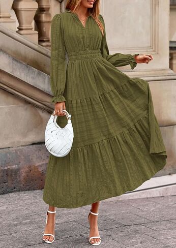 PRETTYGARDEN Women's 2025 Fall Wedding Guest Dresses Long Sleeve V Neck Flowy Elegant Holiday Party Maxi Dress with Pockets in Saudi Arabia