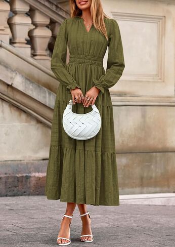 PRETTYGARDEN Women's 2025 Fall Wedding Guest Dresses Long Sleeve V Neck Flowy Elegant Holiday Party Maxi Dress with Pockets in Saudi Arabia