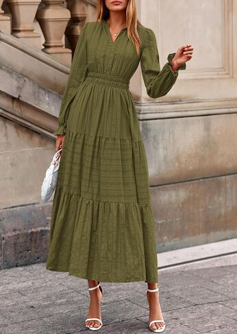 PRETTYGARDEN Women's 2025 Fall Wedding Guest Dresses Long Sleeve V Neck Flowy Elegant Holiday Party Maxi Dress with Pockets in Saudi Arabia
