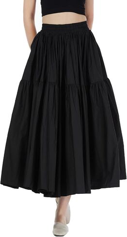 Beautelicate Women 100 ٪ Cotton Maxi Skirt مرنة الخصر جيبان جيبان تنورة مطوية غير رسمية in Saudi Arabia