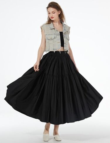 Beautelicate Women 100 ٪ Cotton Maxi Skirt مرنة الخصر جيبان جيبان تنورة مطوية غير رسمية in Saudi Arabia