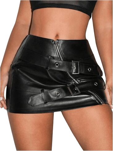 Makemechic Women's Pu Leather Buckle Mini Mini Skirt Droped Summer Y2K Zipper Club Club Bodycon in Saudi Arabia
