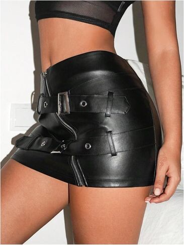 Makemechic Women's Pu Leather Buckle Mini Mini Skirt Droped Summer Y2K Zipper Club Club Bodycon in Saudi Arabia