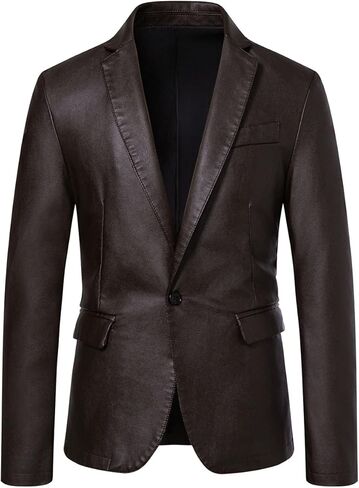 Men's Casual Notched Collar One Button Faux Leather Blazer Suit Jacket Sport Coats in Saudi Arabia