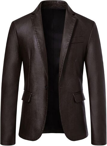 Men's Casual Notched Collar One Button Faux Leather Blazer Suit Jacket Sport Coats in Saudi Arabia