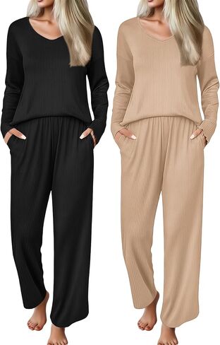 Ekouaer 2 Pack Womens متماسكة مجموعات Pajama مجموعات V صالة ناعمة in Saudi Arabia