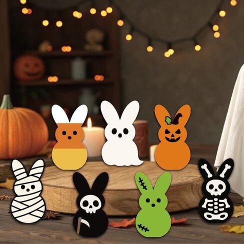 7PCS Cute Halloween Creepy Peeps Tiered Tray Decor – Spooky Table Centerpiece Wooden Jack O Lantern Ghost Skeleton Candy Corn Grim Reaper Desk Decor for Bedroom Office Shelf Party Supplies in Saudi Arabia