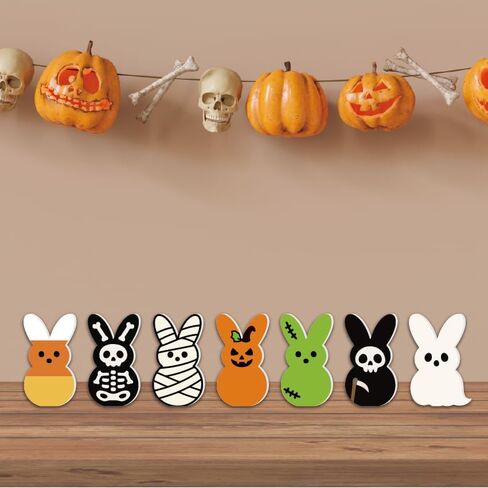 7PCS Cute Halloween Creepy Peeps Tiered Tray Decor – Spooky Table Centerpiece Wooden Jack O Lantern Ghost Skeleton Candy Corn Grim Reaper Desk Decor for Bedroom Office Shelf Party Supplies in Saudi Arabia