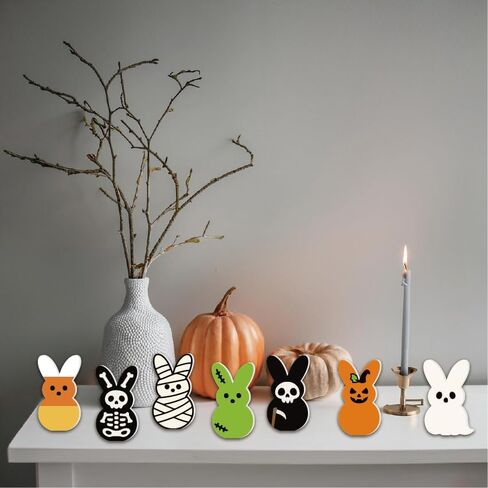7PCS Cute Halloween Creepy Peeps Tiered Tray Decor – Spooky Table Centerpiece Wooden Jack O Lantern Ghost Skeleton Candy Corn Grim Reaper Desk Decor for Bedroom Office Shelf Party Supplies in Saudi Arabia