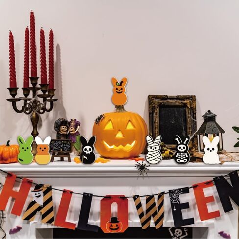 7PCS Cute Halloween Creepy Peeps Tiered Tray Decor – Spooky Table Centerpiece Wooden Jack O Lantern Ghost Skeleton Candy Corn Grim Reaper Desk Decor for Bedroom Office Shelf Party Supplies in Saudi Arabia