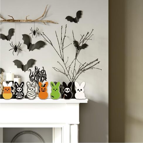7PCS Cute Halloween Creepy Peeps Tiered Tray Decor – Spooky Table Centerpiece Wooden Jack O Lantern Ghost Skeleton Candy Corn Grim Reaper Desk Decor for Bedroom Office Shelf Party Supplies in Saudi Arabia