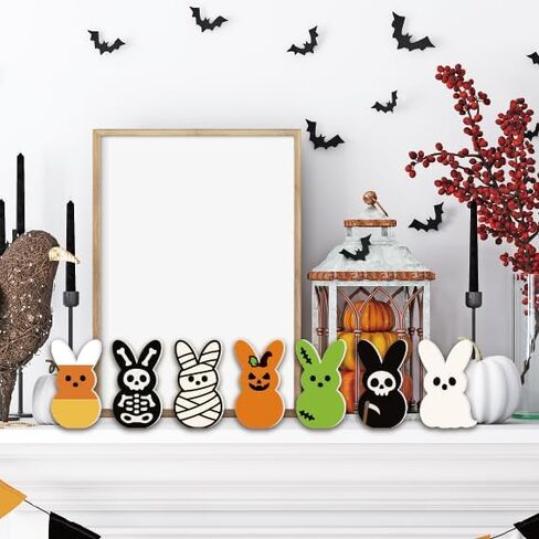 7PCS Cute Halloween Creepy Peeps Tiered Tray Decor – Spooky Table Centerpiece Wooden Jack O Lantern Ghost Skeleton Candy Corn Grim Reaper Desk Decor for Bedroom Office Shelf Party Supplies in Saudi Arabia