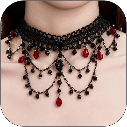 Gothic Black Lace Choker Necklace Vintage Crystal Bead Tassel Necklace Halloween Costume Party Prom Vampire Jewelry For Women in Saudi Arabia