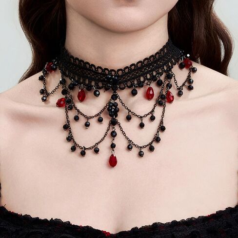 Gothic Black Lace Choker Necklace Vintage Crystal Bead Tassel Necklace Halloween Costume Party Prom Vampire Jewelry For Women in Saudi Arabia