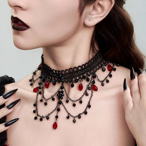 Gothic Black Lace Choker Necklace Vintage Crystal Bead Tassel Necklace Halloween Costume Party Prom Vampire Jewelry For Women in Saudi Arabia
