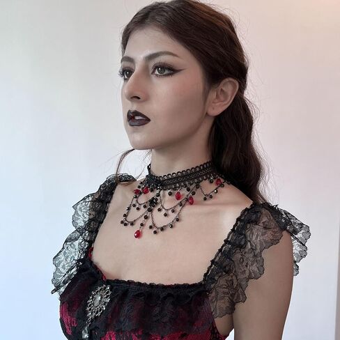 Gothic Black Lace Choker Necklace Vintage Crystal Bead Tassel Necklace Halloween Costume Party Prom Vampire Jewelry For Women in Saudi Arabia