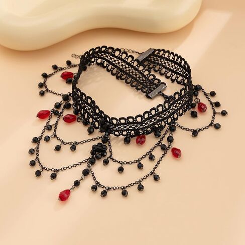 Gothic Black Lace Choker Necklace Vintage Crystal Bead Tassel Necklace Halloween Costume Party Prom Vampire Jewelry For Women in Saudi Arabia