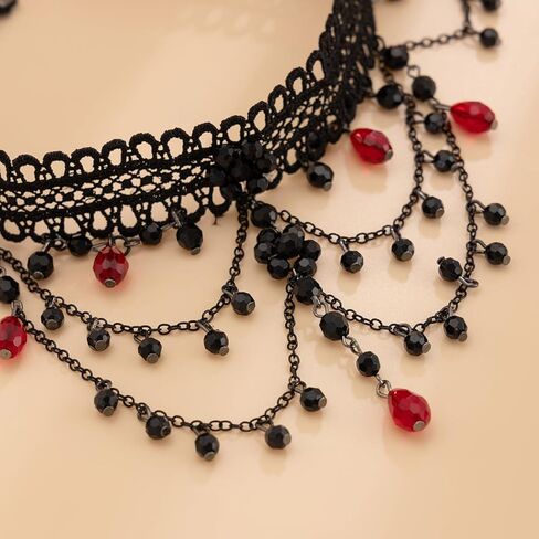 Gothic Black Lace Choker Necklace Vintage Crystal Bead Tassel Necklace Halloween Costume Party Prom Vampire Jewelry For Women in Saudi Arabia