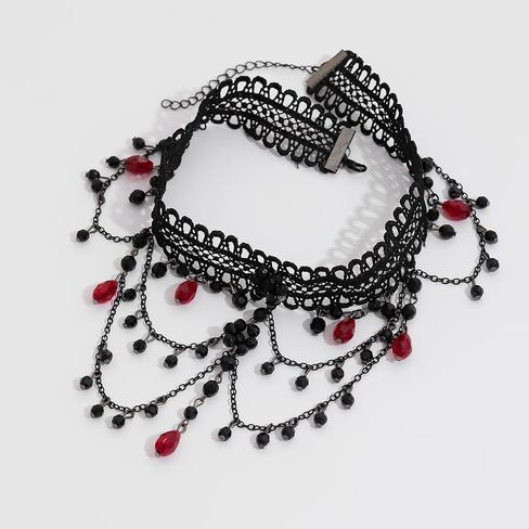 Gothic Black Lace Choker Necklace Vintage Crystal Bead Tassel Necklace Halloween Costume Party Prom Vampire Jewelry For Women in Saudi Arabia