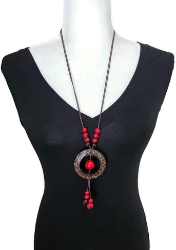 Tagua nut and coconut pendant necklace in red, Brown, organic tagua nut jewelry TAG734R, adjustable Necklace in Saudi Arabia