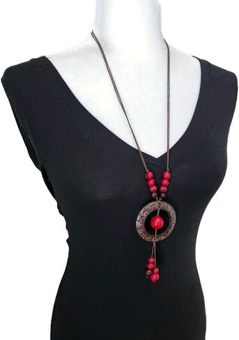 Tagua nut and coconut pendant necklace in red, Brown, organic tagua nut jewelry TAG734R, adjustable Necklace in Saudi Arabia