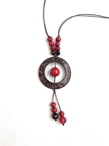 Tagua nut and coconut pendant necklace in red, Brown, organic tagua nut jewelry TAG734R, adjustable Necklace in Saudi Arabia