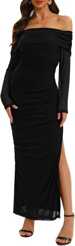 نساء رابوبوب قبالة فستان كتف طويل الأكمام bodycon شبكة ruched عالي الانقسام الخريف ضيف الزفاف الضيف maxi in Kuwait