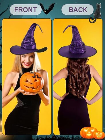 2 PCS Halloween Witch Hat Costume ، Black Purple Witch Beadbelded Cap Capted Ruched Wizard Hats Assume Assume for Women Men Halloween Party in Saudi Arabia