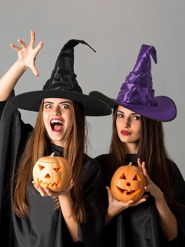 2 PCS Halloween Witch Hat Costume ، Black Purple Witch Beadbelded Cap Capted Ruched Wizard Hats Assume Assume for Women Men Halloween Party in Saudi Arabia