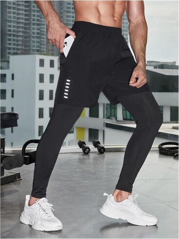 OYOANGLE Men's 2 in 1 Sports Pants Compression Athletic Workout Sweatpants Shorts Leggings with Pocket in Saudi Arabia