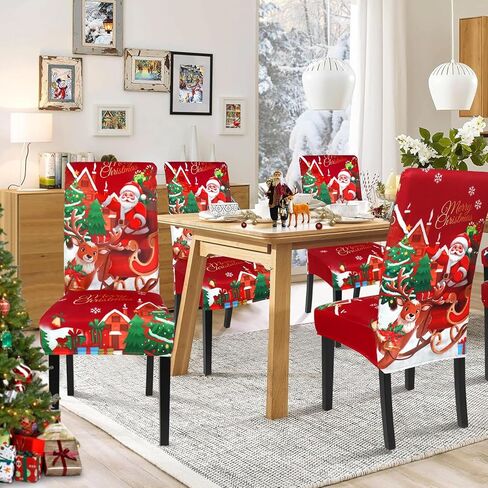 Weldomcor عيد الميلاد كرسي يغطي مجموعة من 6 تمتد غرفة الطعام كرسي حامي الأغلفة سانتا كلوز الجاموس منقوشة الأحمر مقعد المطبخ يغطي دنة الزينة لعيد الميلاد عطلة حزب مأدبة ديكور المنزل in Kuwait