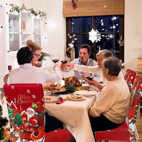 Weldomcor عيد الميلاد كرسي يغطي مجموعة من 6 تمتد غرفة الطعام كرسي حامي الأغلفة سانتا كلوز الجاموس منقوشة الأحمر مقعد المطبخ يغطي دنة الزينة لعيد الميلاد عطلة حزب مأدبة ديكور المنزل in Kuwait