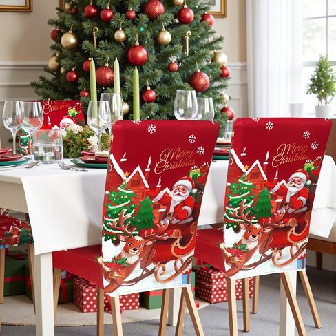 Weldomcor عيد الميلاد كرسي يغطي مجموعة من 6 تمتد غرفة الطعام كرسي حامي الأغلفة سانتا كلوز الجاموس منقوشة الأحمر مقعد المطبخ يغطي دنة الزينة لعيد الميلاد عطلة حزب مأدبة ديكور المنزل in Kuwait