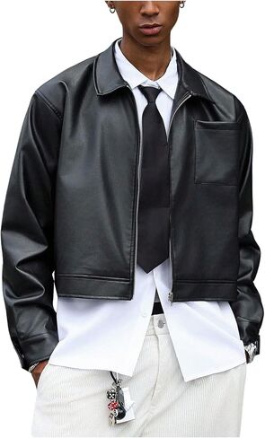 Men's Faux Leather Jacket Long Sleeve Zip Up Collared Crop Biker Motorcycle Lightweight Coat Outerwear in Saudi Arabia