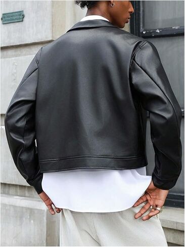 Men's Faux Leather Jacket Long Sleeve Zip Up Collared Crop Biker Motorcycle Lightweight Coat Outerwear in Saudi Arabia
