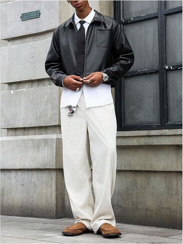 Men's Faux Leather Jacket Long Sleeve Zip Up Collared Crop Biker Motorcycle Lightweight Coat Outerwear in Saudi Arabia