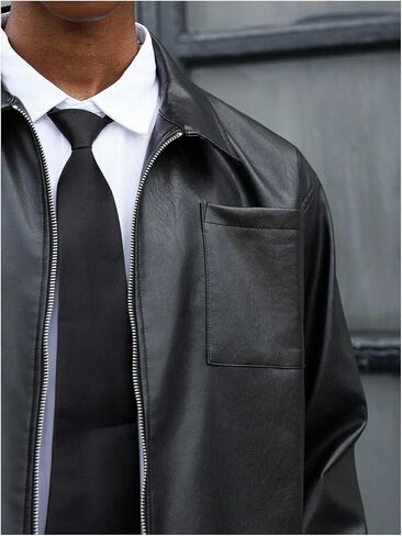 Men's Faux Leather Jacket Long Sleeve Zip Up Collared Crop Biker Motorcycle Lightweight Coat Outerwear in Saudi Arabia