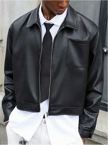 Men's Faux Leather Jacket Long Sleeve Zip Up Collared Crop Biker Motorcycle Lightweight Coat Outerwear in Saudi Arabia