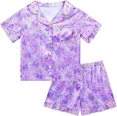 MHJY Toddler Girls Pajama تعيين حرير الساتان الفتيات بيجاماس قصيرة الأكمام بزر أعلى من بيجامات للأطفال in Kuwait