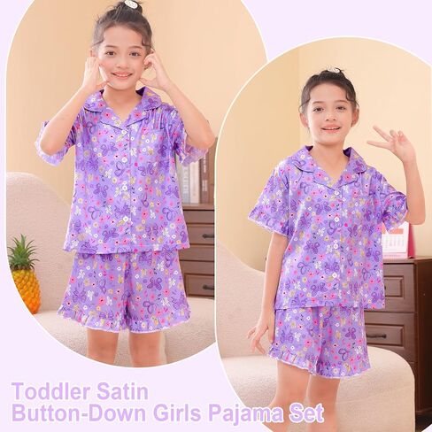 MHJY Toddler Girls Pajama تعيين حرير الساتان الفتيات بيجاماس قصيرة الأكمام بزر أعلى من بيجامات للأطفال in Kuwait