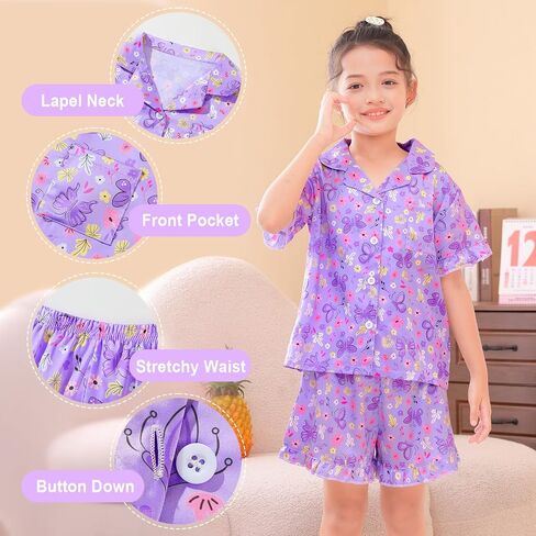 MHJY Toddler Girls Pajama تعيين حرير الساتان الفتيات بيجاماس قصيرة الأكمام بزر أعلى من بيجامات للأطفال in Kuwait
