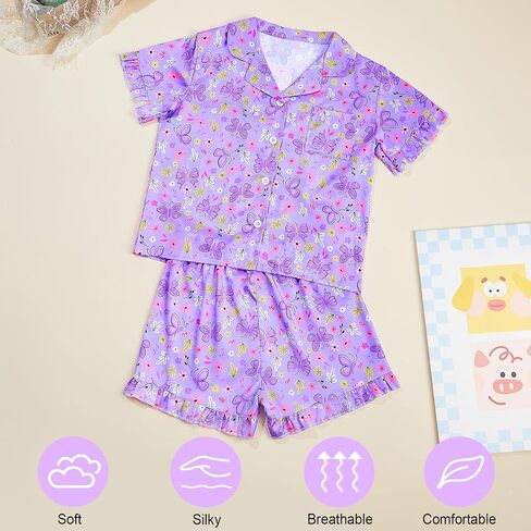 MHJY Toddler Girls Pajama تعيين حرير الساتان الفتيات بيجاماس قصيرة الأكمام بزر أعلى من بيجامات للأطفال in Kuwait