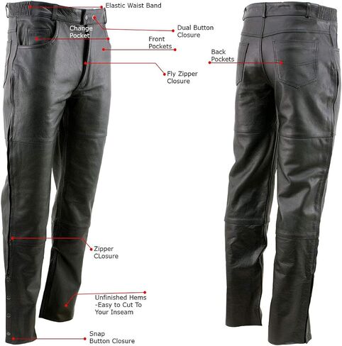 Milwaukee Leather LKM5726 Men's Black Premium Leather Potorcycle على السراويل مع السوستة الجانبية والقرعة - 34 in Saudi Arabia