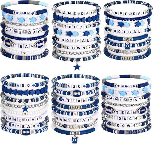 48 Pcs Game Day Football Charm Bracelets Football Mom Game Day Accessories Cheer Mom Blue Team Gifts Heishi Beaded Stack Bracelet Friendship Stackable Stretch Jewelry Outfit for Fans Women Men in Saudi Arabia